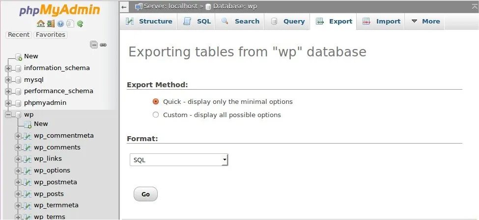 Older phpMyAdmin Export screen from the WordPress handbook, showing the Quick export method and SQL format for a database named wp. Interface labels can differ between versions.