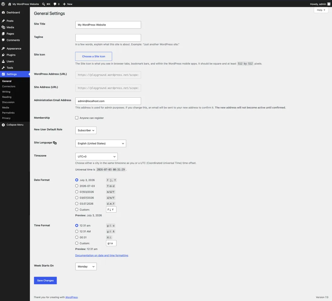 WordPress 7.0 General Settings screen showing the Membership option, Anyone can register, unticked, and New User Default Role set to Subscriber