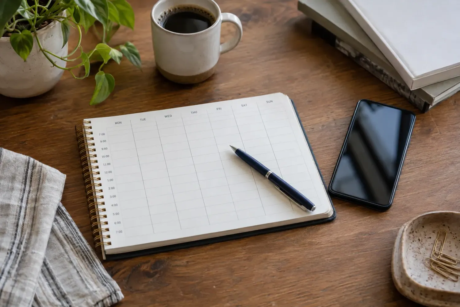 Overhead-angled view of a blank paper weekly planner with a navy pen, a smartphone with a dark screen, a coffee mug, a plant and books on a wooden desk