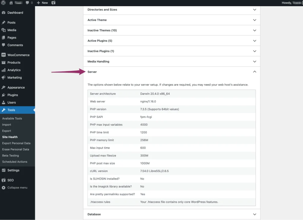 WordPress.org documentation screenshot from 2021 showing the Server panel in Site Health, including the PHP version field. The sample version is not a recommendation.