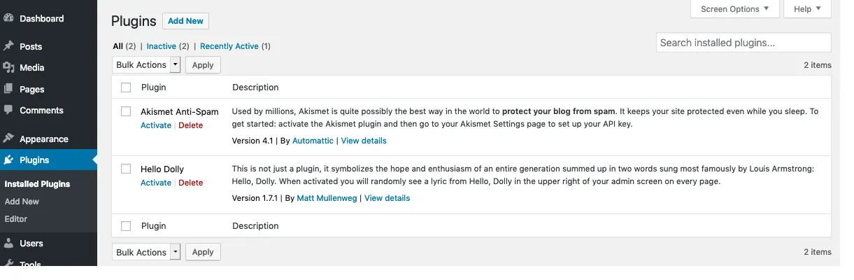 Older WordPress Installed Plugins screen listing two example plugins with version numbers and Activate and Delete links. The interface is dated and the plugins shown are unrelated to Rank Math.