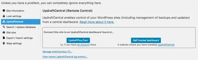 Older UpdraftPlus settings screen showing the UpdraftCentral (Remote Control) section, with buttons for UpdraftPlus.com or a self-hosted dashboard and a Manage existing keys link. Shown for reference only, not evidence of the reported incident.
