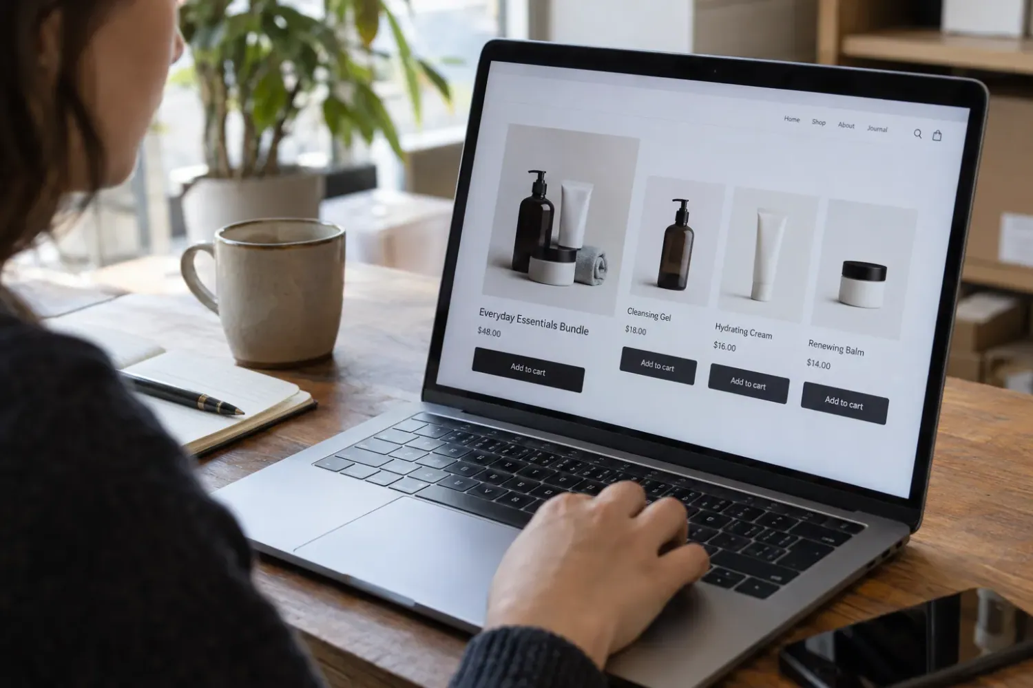 Person using a laptop showing an online shop with an Everyday Essentials Bundle and three individual skincare products, each with an Add to cart button
