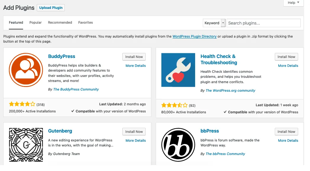 Older WordPress Add Plugins screen showing featured plugins such as BuddyPress, Health Check & Troubleshooting, Gutenberg and bbPress with Install Now buttons, the screen used to install a plugin such as MCP Adapter