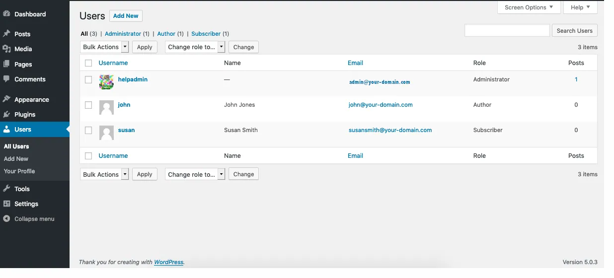 Older WordPress Users screen (version 5.0.3 shown) listing three accounts with Administrator, Author and Subscriber roles, as an example of the role list to review