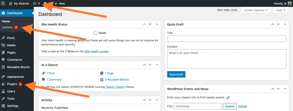 Older WordPress 5.5 beta Dashboard with orange arrows pointing to the update count in the toolbar, the Updates menu item and the Plugins menu item