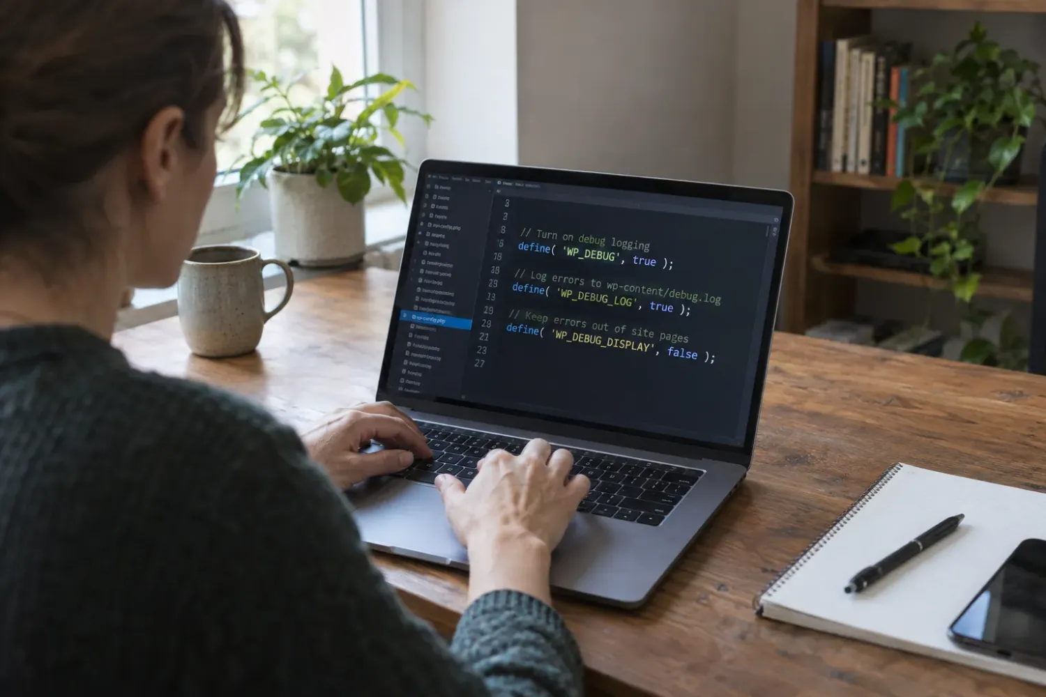 Illustration of a person typing at a laptop that shows a wp-config.php editor with WP_DEBUG and WP_DEBUG_LOG set to true and WP_DEBUG_DISPLAY set to false