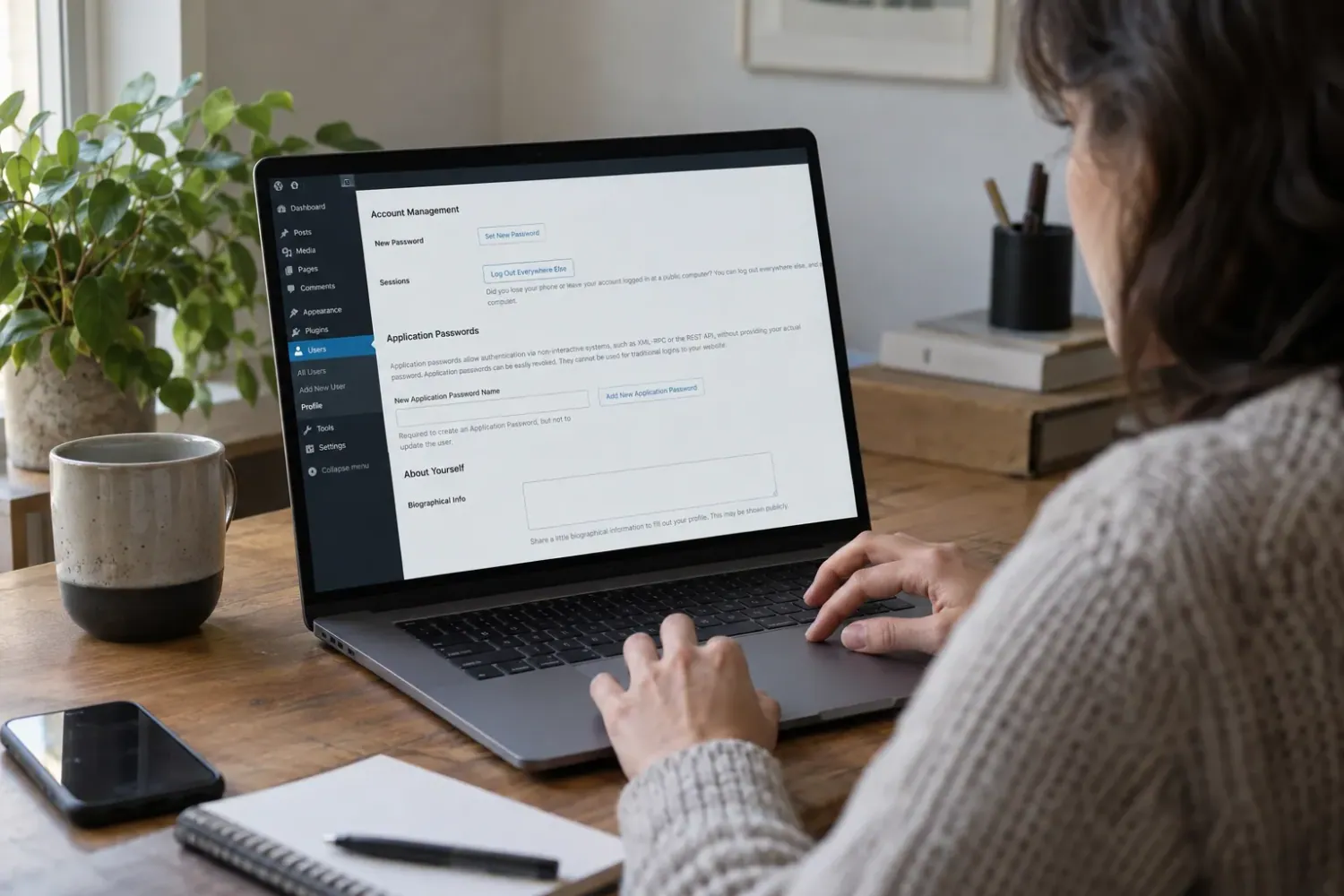 Generated illustration of a person using a laptop that shows a WordPress-style Your Profile screen with Account Management, Set New Password and Log Out Everywhere Else buttons, plus Application Passwords and About Yourself sections. The interface is an approximation, not a real screenshot.