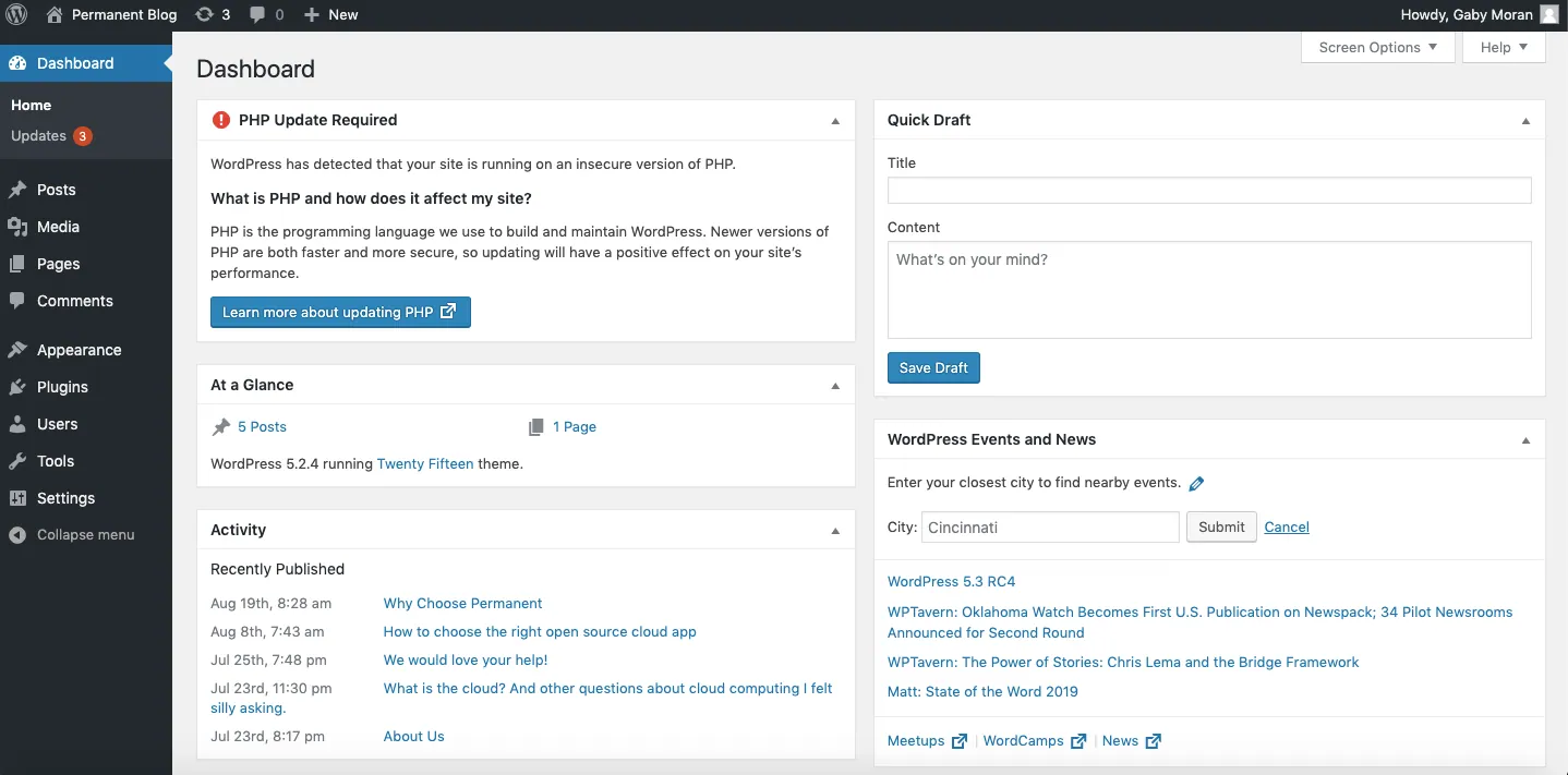 Older WordPress 5.2.4 admin dashboard on a sample blog, shown for context only, with At a Glance, Activity, Quick Draft and WordPress Events and News panels.