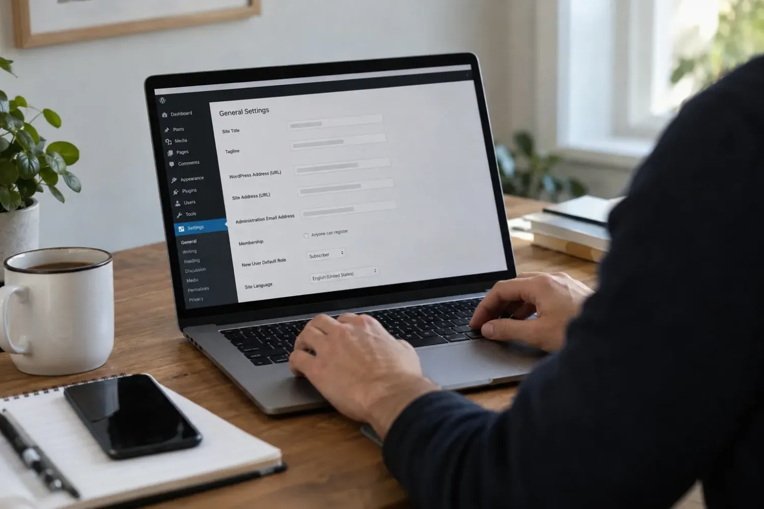 Illustration of a person using a laptop that shows a WordPress General Settings screen with address fields left blank; a stylised image, not a real screenshot.
