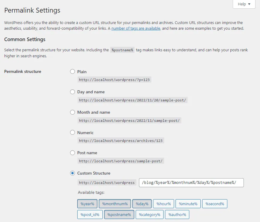 WordPress Permalink Settings screen showing the Plain, Day and name, Month and name, Numeric, Post name and Custom Structure options, with a custom structure entered and the available structure tags listed. The screenshot comes from WordPress documentation and may show an older interface.