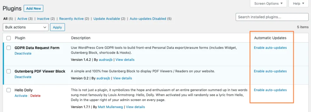 WordPress Plugins screen from older documentation, showing plugin rows with version numbers and highlighted Enable auto-updates links