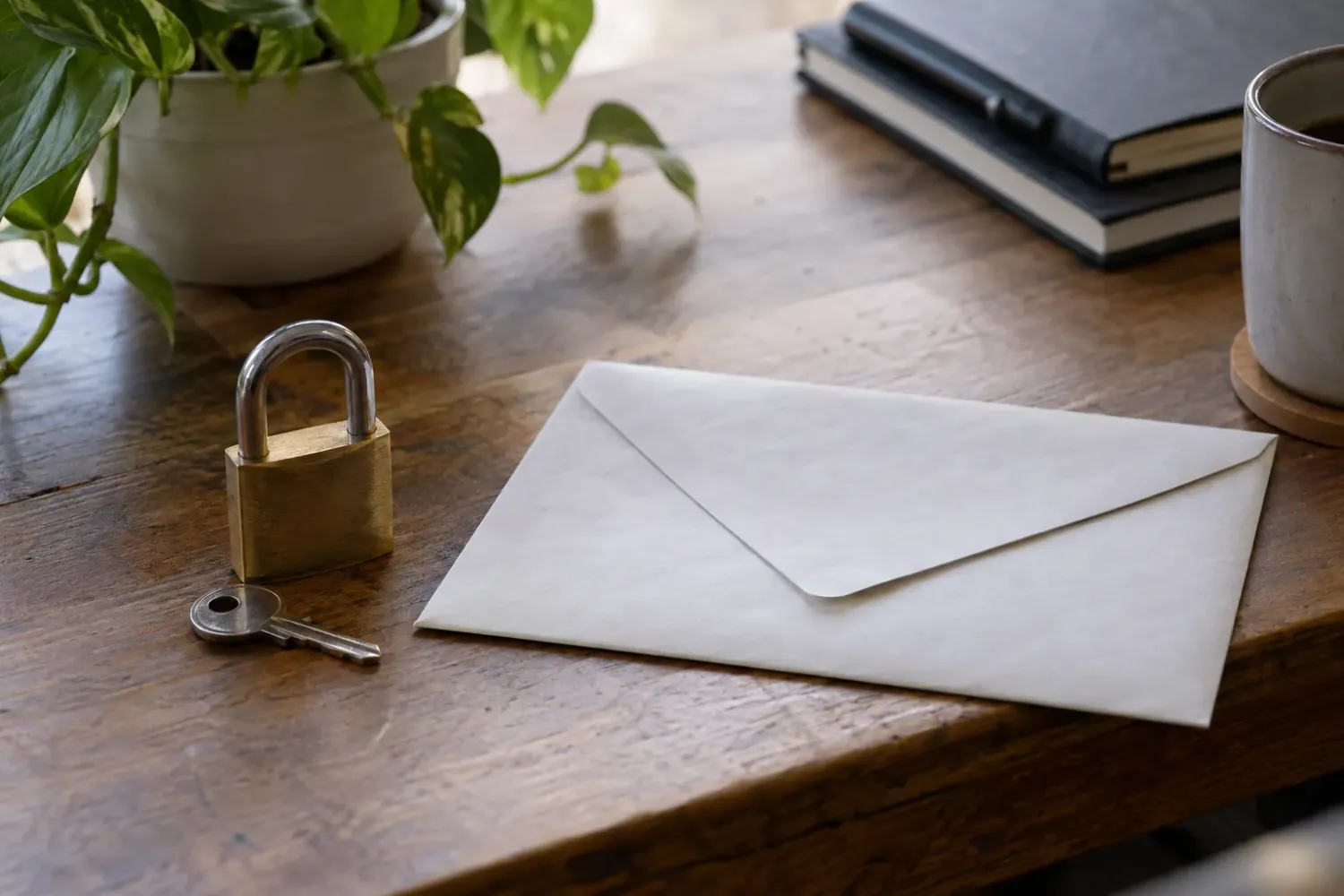Editorial illustration: a padlock, key and envelope on a wooden desk, representing private disclosure before details are published.
