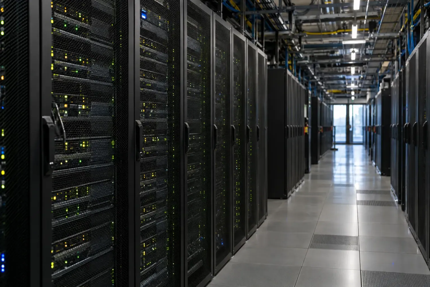 Editorial illustration: a long data centre aisle lined with server racks, representing the scale of hosting behind WordPress sites.