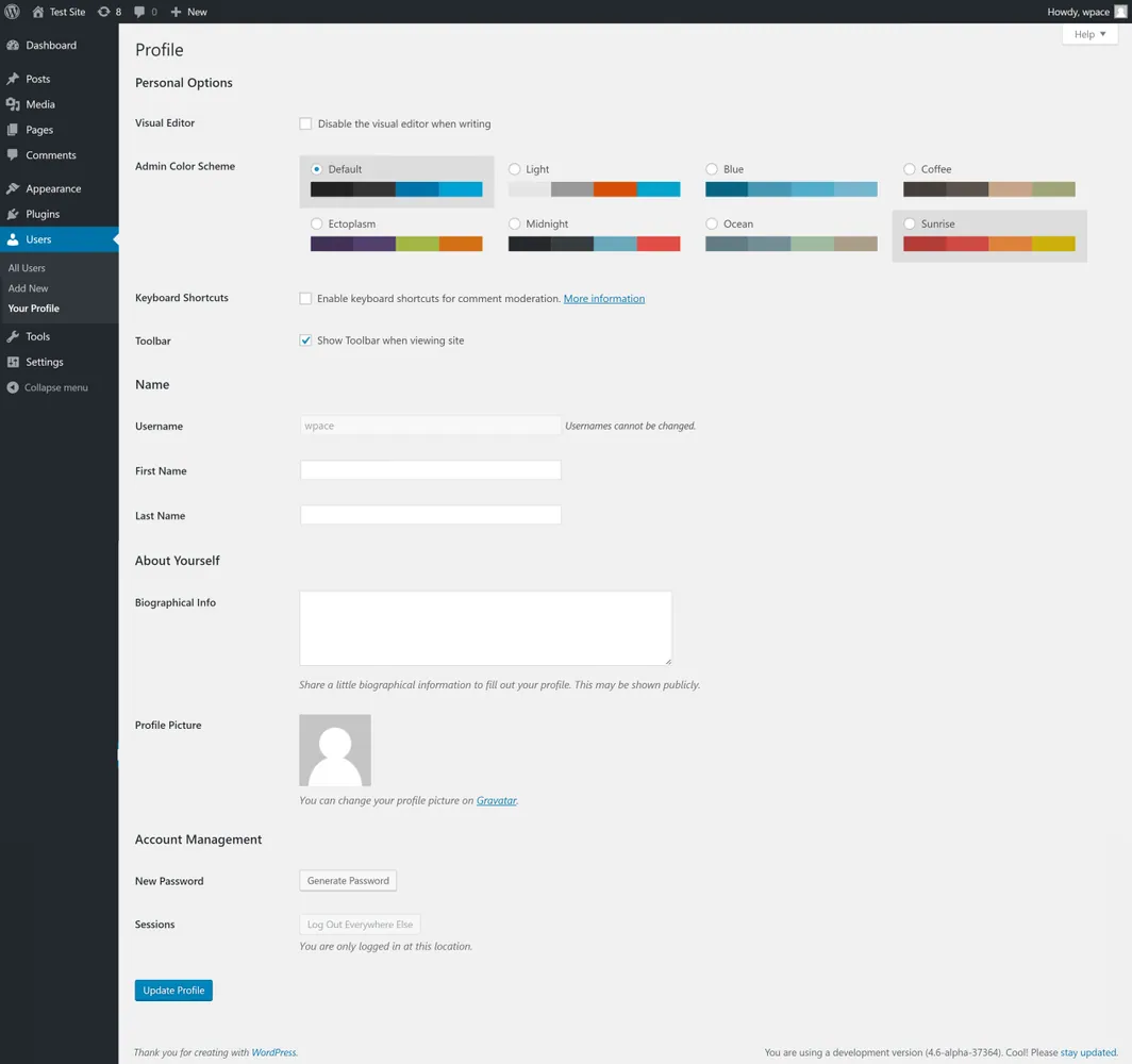 Older WordPress Your Profile screen from a development version (4.6 alpha), showing profile settings including Generate Password and Log Out Everywhere Else under Account Management, not role management