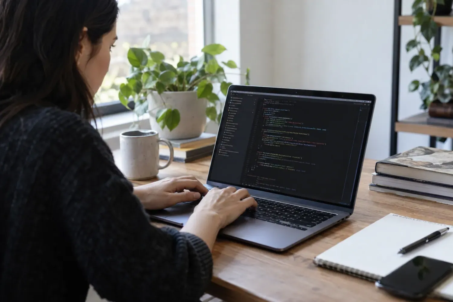 Editorial illustration of a person reviewing code on a laptop at a wooden desk